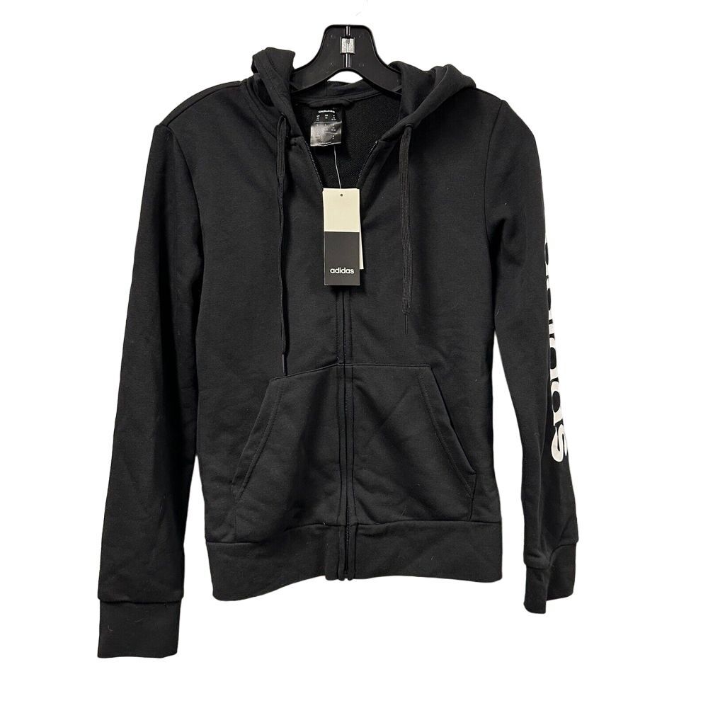 Adidas Full Zip Up Sweatshirt Hoodie Womens XS Black Logo‎ Spellout Sleeve
